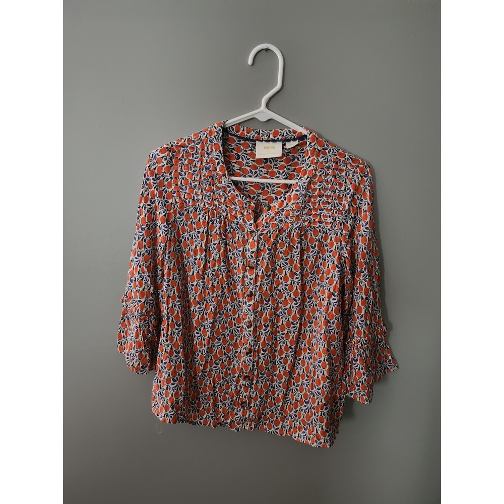 Maeve by Anthropologie Fruit Print Bell Sleeve Button Down Blouse Orange Blue S